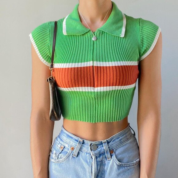 Urban Outfitters BDG Green Collared Cropped Ribbed Polo Size Large Rugby Style - Picture 1 of 6